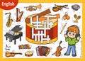 Vector crossword in English, education game for children. Cartoon boy in headphones and set of musical instruments Royalty Free Stock Photo