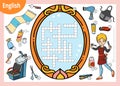 Vector crossword in English, education game for children. Cartoon hairdresser and objects for hair cutting