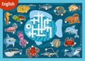 Vector crossword in English, education game for children. Cartoon set of sea animals Royalty Free Stock Photo