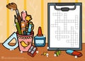 Vector crossword in English, education game for children. Cartoon stationery set and objects for school Royalty Free Stock Photo