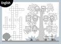 Vector crossword in English, education game for children about family members. Cartoon family tree with images of people in frames
