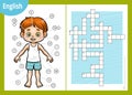 Vector crossword in English, education game for children about the human body. My body parts for a boy