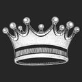 Vector crown. Cool emblem for rock festival. King, queen, princess. Grunge design illustration. Art for t-shirt, poster