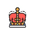 Crown, monarchy, royal power flat color line icon.