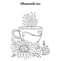 Vector cup of Chamomile herbal tea isolated on white background. Outline Chamomile flower and ornate petal in contour style. Royalty Free Stock Photo