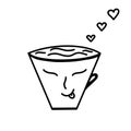 Vector cup of coffee, tea with hearts buddha face. Mono line handdrawn icon Valentines day Love decor for relax wedding restaurant Royalty Free Stock Photo