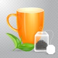 Vector cup for tea or coffee. Ceramic cup isolated on transparent background. Realistic rectangular tea bag with label