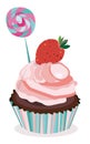 Vector cupcake, muffin, dessert, cake. Strawberry and candy pink muffin,cupcake print, illustration, poster.