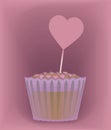 Vector cupcake in a paper form with folds adhered to the edges, sprinkled with a sweet pink drage by voluminous hearts with a hear