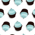 Vector cupcake pattern. Cream dessert with chocolate on top, tasty illustration. Bakery cake decoration. Graphic