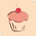 Vector cupcake silhouette with red cherry on pastel background