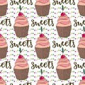 Vector cupcakes seamless pattern. Doodle background with sweets cakes. Birthday decoration Royalty Free Stock Photo