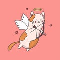 Vector cupid funny cat flying in sky. Happy Valentine's day greeting card. Amur cat character with arrow isolated on