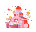 Vector cupids workplace on love gift factory.