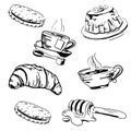 Vector cups of coffee and tea, cookies, croissant and cake. Royalty Free Stock Photo