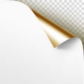 Vector Curled Golden Corner of White Paper with Shadow Mock up Close up Isolated on Transparent Background
