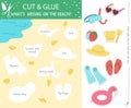 Vector cut and glue activity with beach objects. Summer educational crafting game with cute elements. Fun sea holidays activity Royalty Free Stock Photo