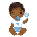 Vector Cute African American Baby Boy with Rattle. Vector Baby Boy Shower Royalty Free Stock Photo