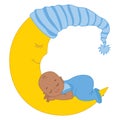 Vector Cute African American Baby Boy Sleeping on the Moon