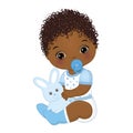 Vector Cute African American Baby Boy with Toy Bunny. Vector Baby Boy Shower Royalty Free Stock Photo