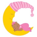 Vector Cute African American Baby Girl Sleeping on the Moon Royalty Free Stock Photo