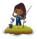 Vector Cute African American Girl Fishing