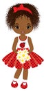 Beautiful Black Girl Holding Bouquet of Flowers. Vector Ladybug Girl