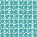 Vector cute anchor and wave abstract seamless pattern background. Aqua blue backdrop with white anchors, navy blue waves