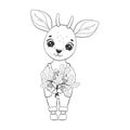 Vector cute antelope baby with oak twigs and acorns. Bambi. Childrens coloring book. Monochrome, black and white graphic