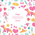 Vector cute artoon magic and fairytale elements background with place for text illustration