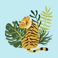 Vector cute asian tiger with tropical leaves on the blue background card design. Beautiful jungle animal print for t-shirt or
