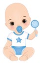 Vector Cute Baby Boy Holding Rattle and Pacifier. Vector Baby Boy