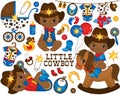Vector Cowboy Set. Set Includes Cute Little African American Baby Boys Dressed as Little Cowboys