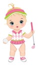 Vector Cute Baby Girl Holding Golf Club and Ball. Vector Golfer Girl Royalty Free Stock Photo