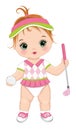 Vector Cute Baby Girl Holding Golf Club and Ball. Vector Golfer Girl Royalty Free Stock Photo