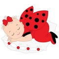 Vector Cute Baby Girl in Ladybug Costume Sleeping.