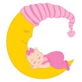 Vector Cute Baby Girl Sleeping on the Moon Royalty Free Stock Photo