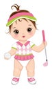 Vector Cute Baby Girl Holding Golf Club and Ball. Vector Golfer Girl Royalty Free Stock Photo