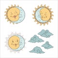 Vector cute baby sun, moon and clouds isolated set. Pastel hand drawn nursery or textile design for kids Royalty Free Stock Photo