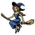 Cute beautiful witch riding her flying broom