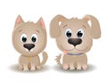 Vector cute beige dog and cat with big eyes in cartoon style. Little kitten and Puppy sits and smiles. Flat illustration Royalty Free Stock Photo