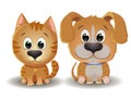 Vector cute beige red tabby dog and cat with big eyes in cartoon style. Little kitten and Puppy sits and smiles Royalty Free Stock Photo