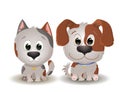 Vector cute beige with spotted dog and cat with big eyes in cartoon style. Little kitten and Puppy sits and smiles Royalty Free Stock Photo