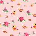 Vector cute birds and roses flowers seamless