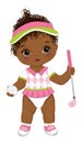 Vector Cute African American Baby Girl Holding Golf Club and Ball. Vector Golfer Girl Royalty Free Stock Photo