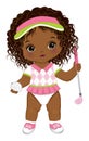 Vector Cute African American Baby Girl Holding Golf Club and Ball. Vector Golfer Girl Royalty Free Stock Photo