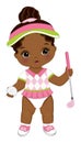 Vector Cute African American Baby Girl Holding Golf Club and Ball. Vector Golfer Girl Royalty Free Stock Photo