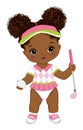 Vector Cute African American Baby Girl Holding Golf Club and Ball. Vector Golfer Girl Royalty Free Stock Photo