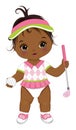 Vector Cute African American Baby Girl Holding Golf Club and Ball. Vector Golfer Girl Royalty Free Stock Photo