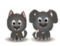 Vector cute black dog and cat with big eyes in cartoon style. Little kitten and Puppy sits and smiles. Flat illustration Royalty Free Stock Photo